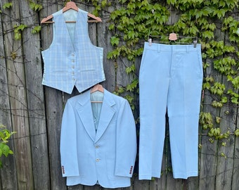 Vintage 70's JCPenney Quad Light Blue 3 Piece Suit with Reversible Plaid Vest Blazer Pants and Vest Set Size Medium