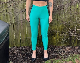 Vintage 80's Workout Green and Black Nylon Lycra and Spandex Workout Pants Size Medium