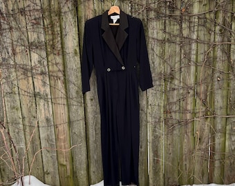 Vintage 80's Componix Black Rayon Acetate Blend Collared One Piece Long Sleeve Jumpsuit Made in USA Size 4