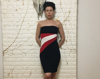 Vintage 80's Byer Too! Black Red and White Strapless Dress (free shipping)