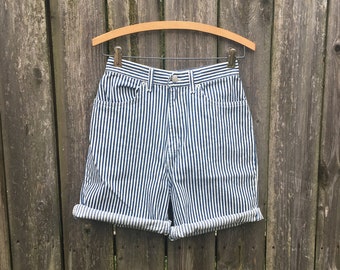 Vintage 90's Faded Glory Blue and White Vertical Striped High Waist Denim Jean Shorts Size 0/2