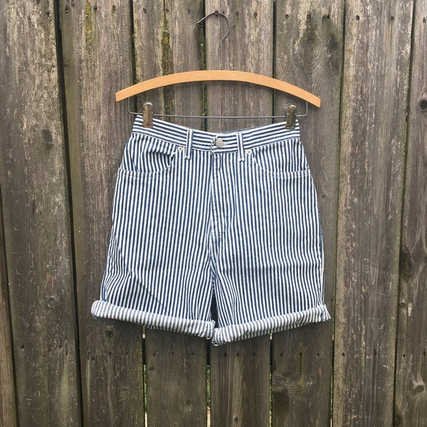 Vintage 90's Faded Glory Blue and White Vertical Striped High Waist Denim Jean Shorts Size 0/2