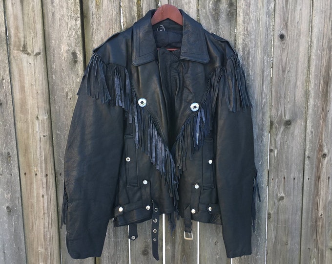 Vintage 80's Unbranded Black Leather Heavyweight Zip up Fringe ...