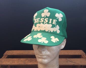 Vintage 80's Bessie Shamrock Vilten Letters Mesh Back Trucker Hat One Size Fits Most