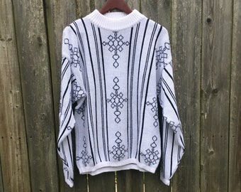 Vintage 80's Riccardo Black and White Patterned Mockneck 100% Acrylic Long Sleeve Knit Sweater Size Medium