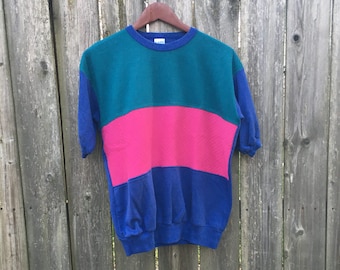 Sudadera vintage de manga corta multicolor de los años 80, talla mediana.
