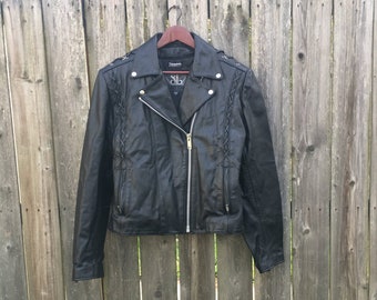 Vintage 90's Street Legal Black Leather Zip Up Long Sleeve Motorcycle Jacket with Fringe and Faux Lace Up Design Thinsulate Liner Size Large