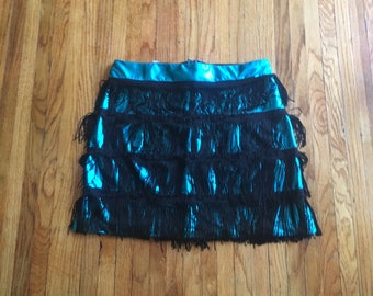 Vintage 90's Rivars Shiny Aqua Colored Skirt with Black Fringe