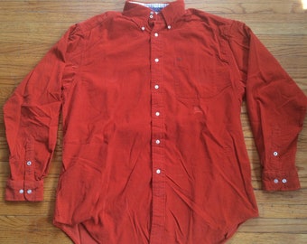 Vintage 90's Tommy Hilfiger Orange Corduroy Long Sleeve Button Up Collared Shirt Size Medium