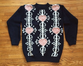 Vintage 90's Petite Sophisticate Blue, White and Pink Chunky Knit Heavyweight Sweater