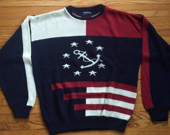 vintage 90's Creative Attitudes USA Rouge Blanc et Bleu Anchor Pattern Heavyweight Manches Longues Tricot Pull Taille XL