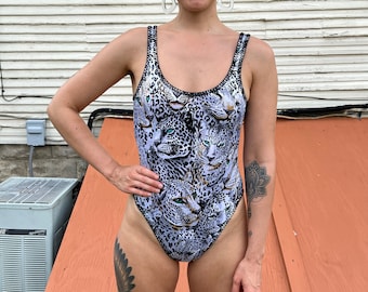 Vintage 80' Sushi Leopard Print and Leopard Head Pattern High Thigh One Piece Swimsuit Size XS