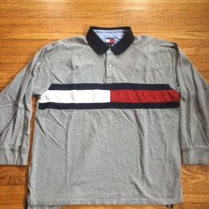 Vintage 90er Jahre Tommy Hilfiger 1/4 Button Up Kragen Langarm Polo Stil grau Shirt Größe XXL