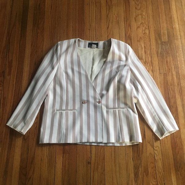 Vintage 80's Joseph Feldman Light Brown and White Striped Long Sleeve Plus Size Blazer Jacket (free shipping)