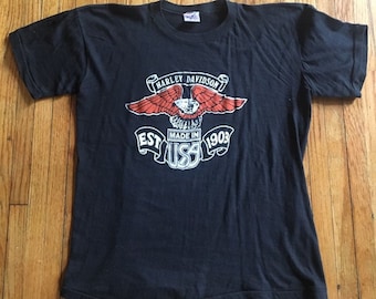 Vintage 70's Harley Davidson Motorcycles Flying Eagle Print Made in the USA EST 1903 Paper Thin Soft Black T-Shirt Size Medium