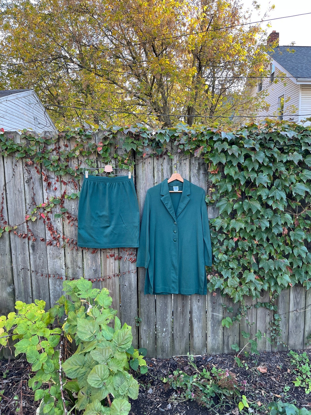 Vintage 90's Weekenders USA Two Piece Green Blazer and Skirt Set