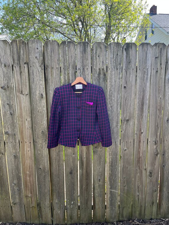 Vintage 80's Purple and Blue Plaid Pattern Button Up Long Sleeve Blazer Jacket Size 6 Petite