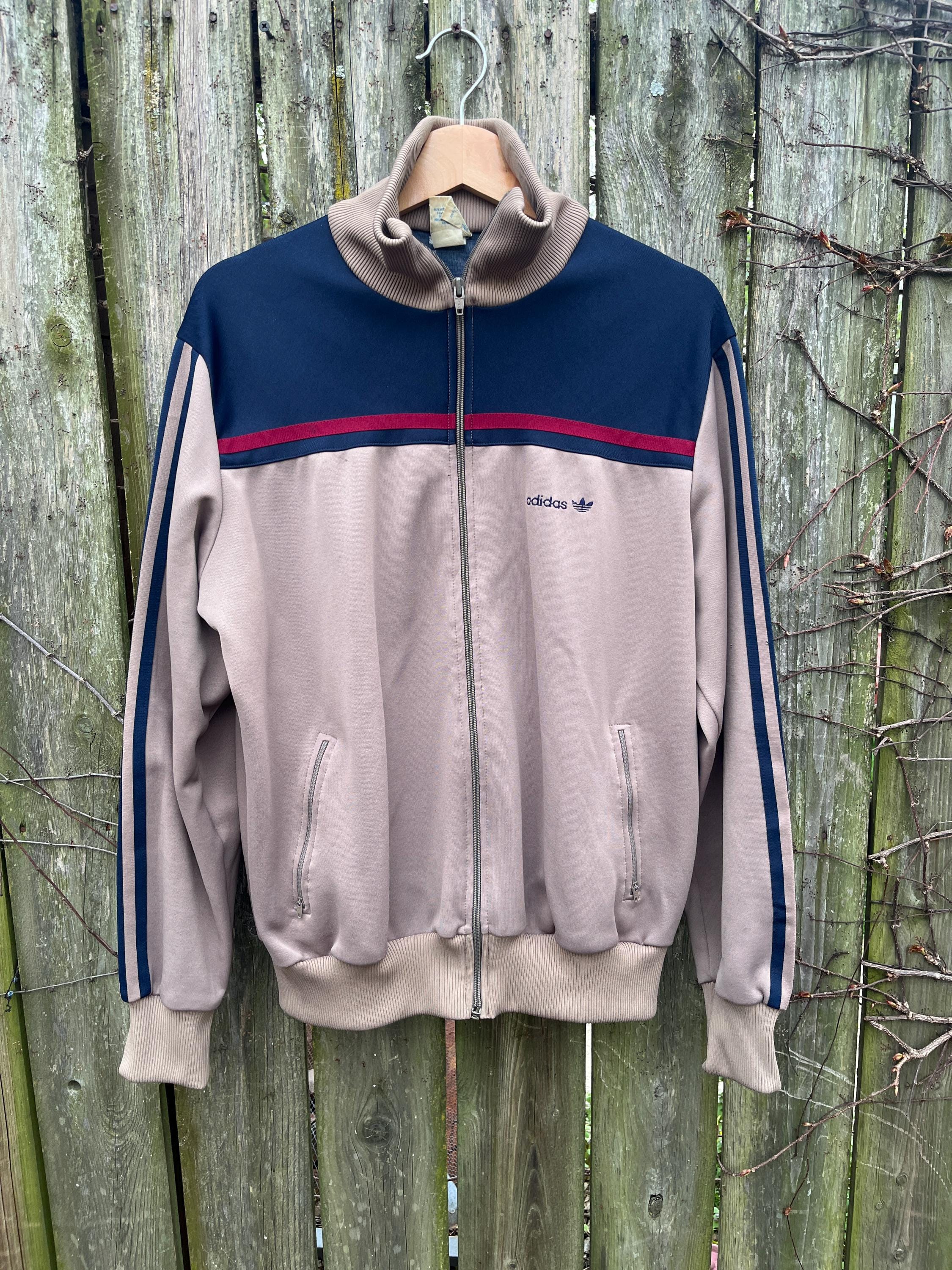 Vintage 80's Adidas Beige Blue and Red Zip up Long Sleeve Track
