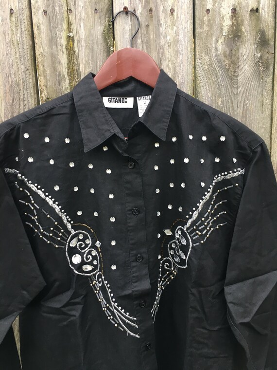 Vintage 80's Gitano Black Button Up with Jewels a… - image 3