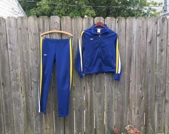 Vintage 1990's Speedo Two Piece Blue Yellow and White Zip Up 100% Polyester Long Sleeve Low Rise Long Pant Insulated Track Suit Size Small