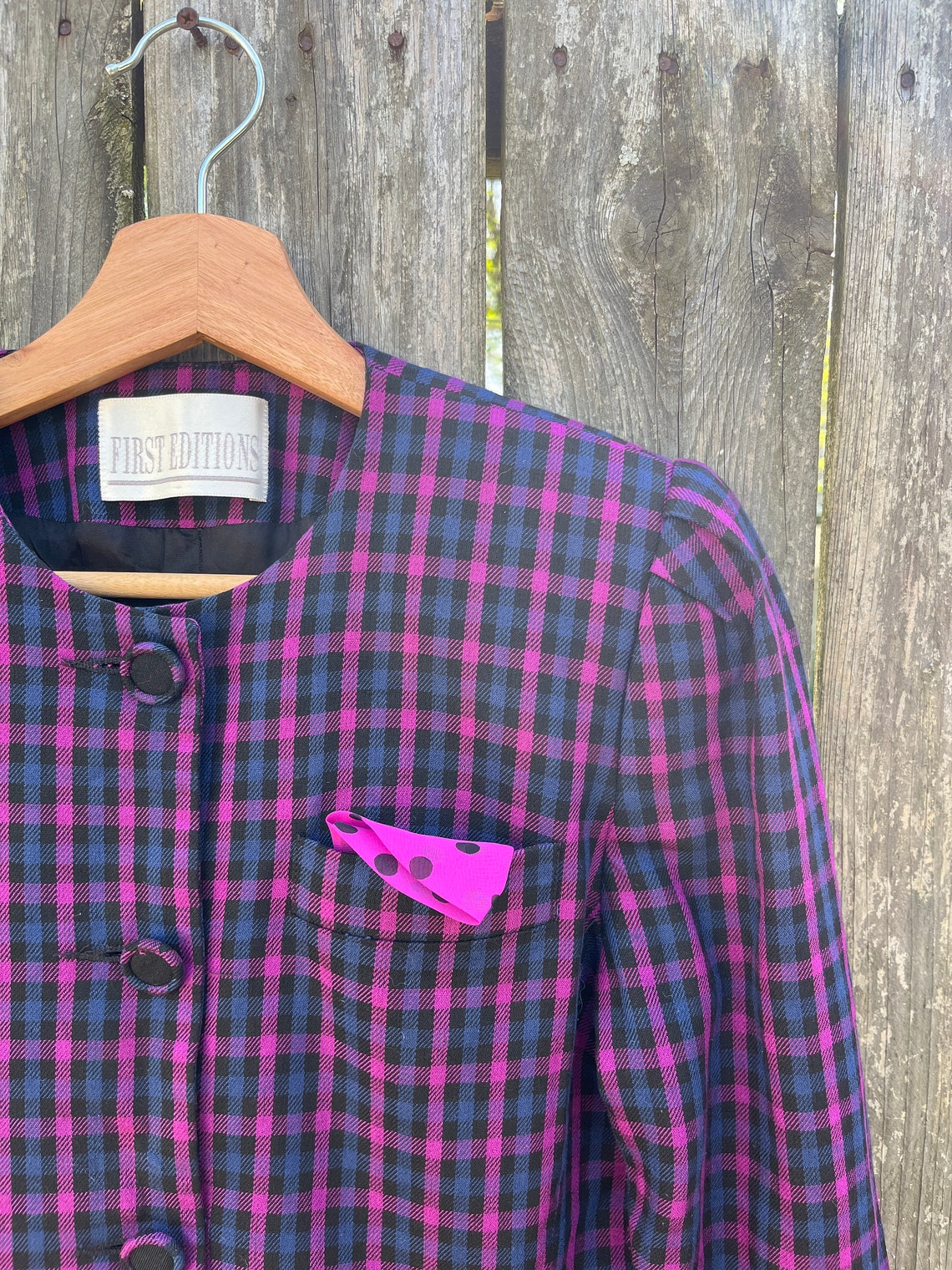 Vintage 80's Purple and Blue Plaid Pattern Button Up Long Sleeve Blazer Jacket Size 6 Petite, foto 3 de 5