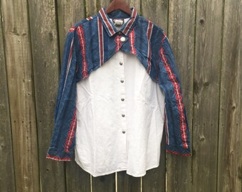 Vintage 80's Ozark Mountain Jean Company Blue and Red Long Sleeve Western Long Sleeve Button Up Shirt Size 26