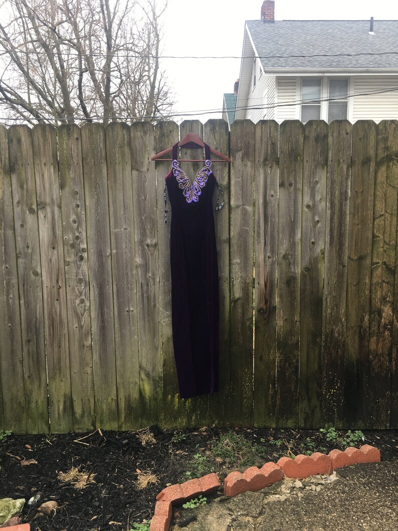 Vintage 80/'s Zum Zum Deep Purple Velvet Sequin Design Long Neck Strap Dress with High Slit