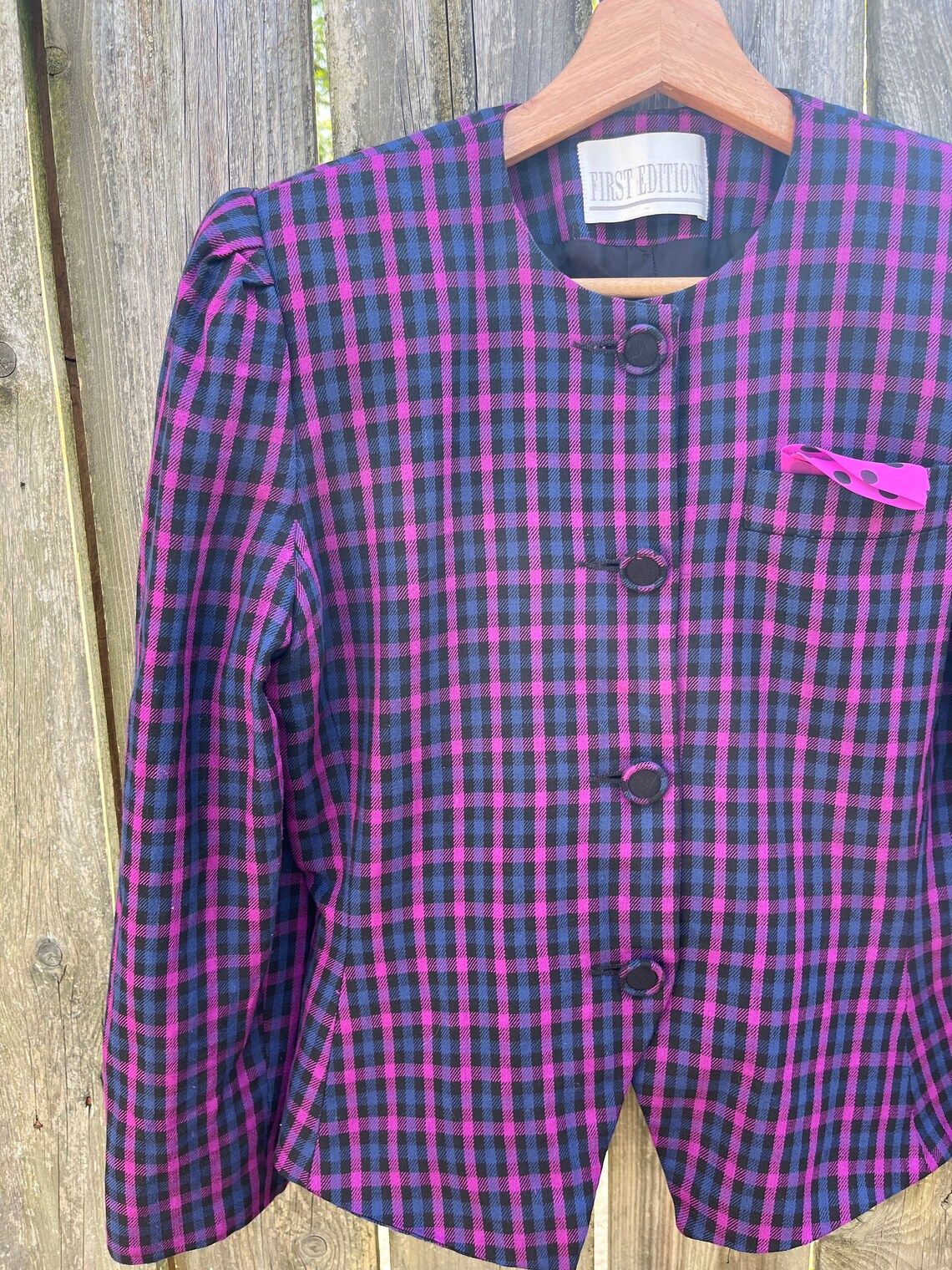Vintage 80's Purple and Blue Plaid Pattern Button Up Long Sleeve Blazer Jacket Size 6 Petite, foto 4 de 5