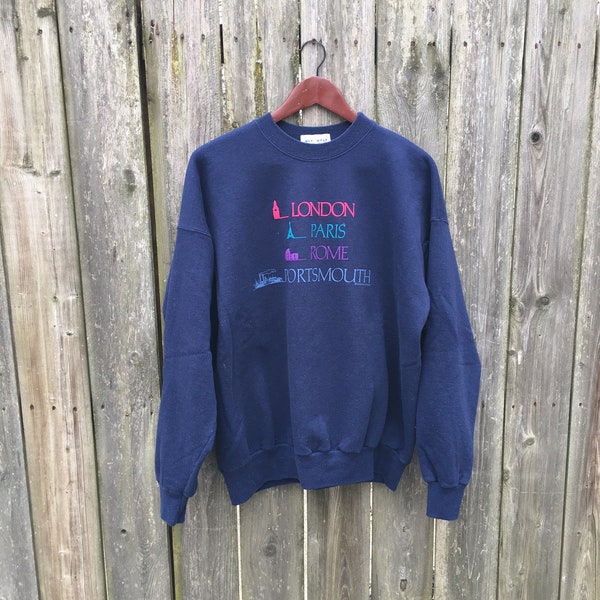 Vintage 90's London Paris Rome Portsmouth Dark Blue Tourism Long Sleeve Sweatshirt Size XL/XXL