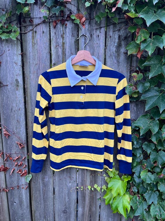 Vintage 70's JCPenney Blue and Yellow Striped Lon… - image 2