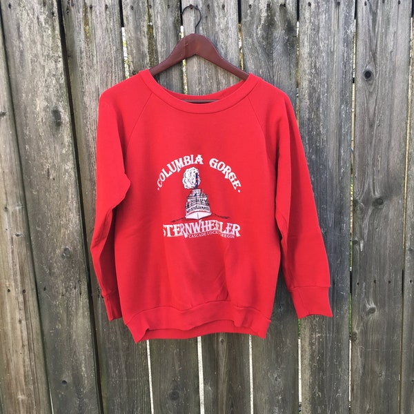 Vintage 80's Columbia Gorge Sternwheeler Cascade Locks Oregon Front and Back Print Long Sleeve Red Sweatshirt Size Medium