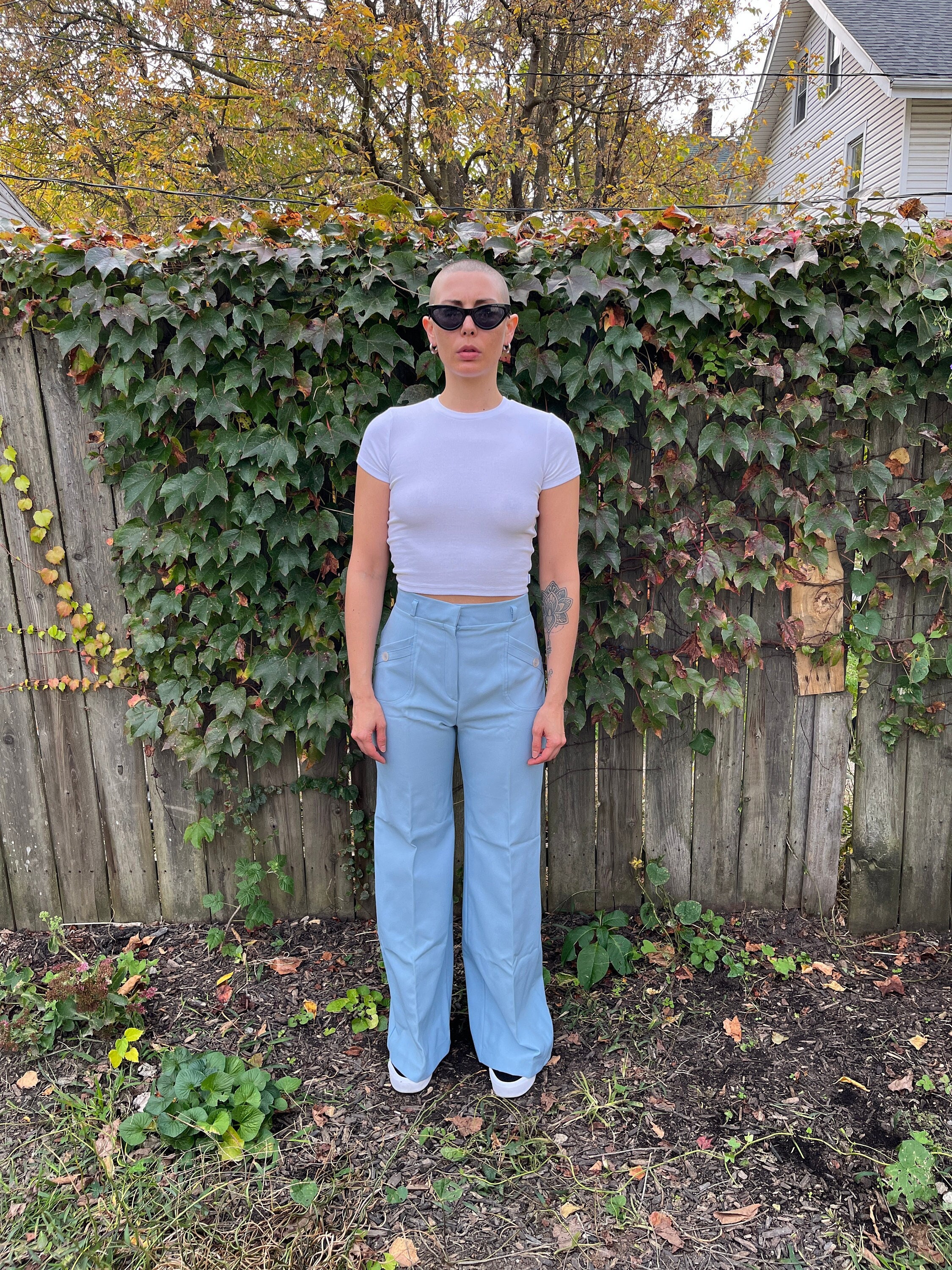 Vintage 60's/70's Light Blue 100% Polyester High Waist Flare Leg Pants Size 2