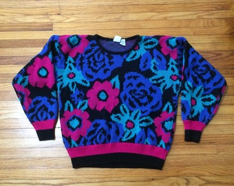 Vintage 90's NanSport 100% Acrylic Floral Pattern Knit Long Sleeve Sweater Size Large