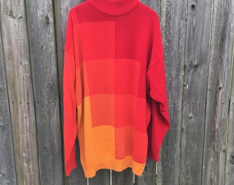 Vintage 90's DELF Red Orange and Yellow Knit Long Sleeve Mock Neck SweaterDress Size 3 XL
