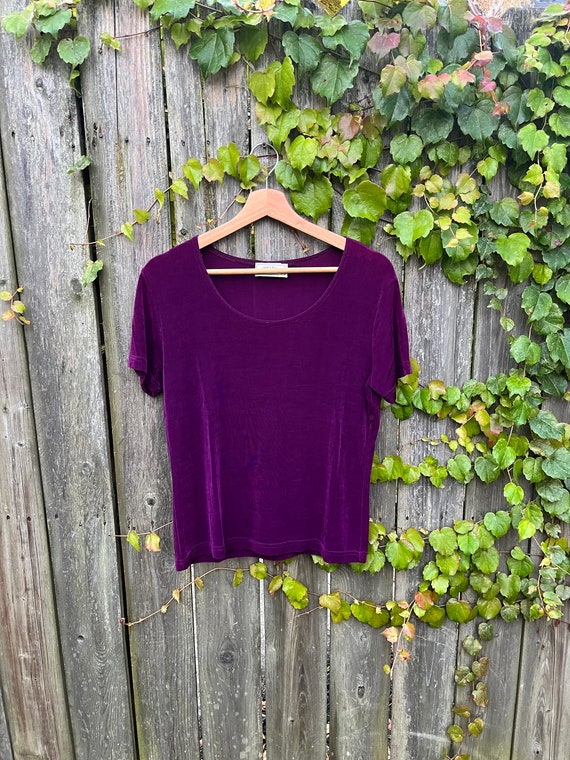 Vintage 80's Frazier Lawrence Purple Acetate/spandex Blend Short Sleeve  Ribbed Shirt Size Large 