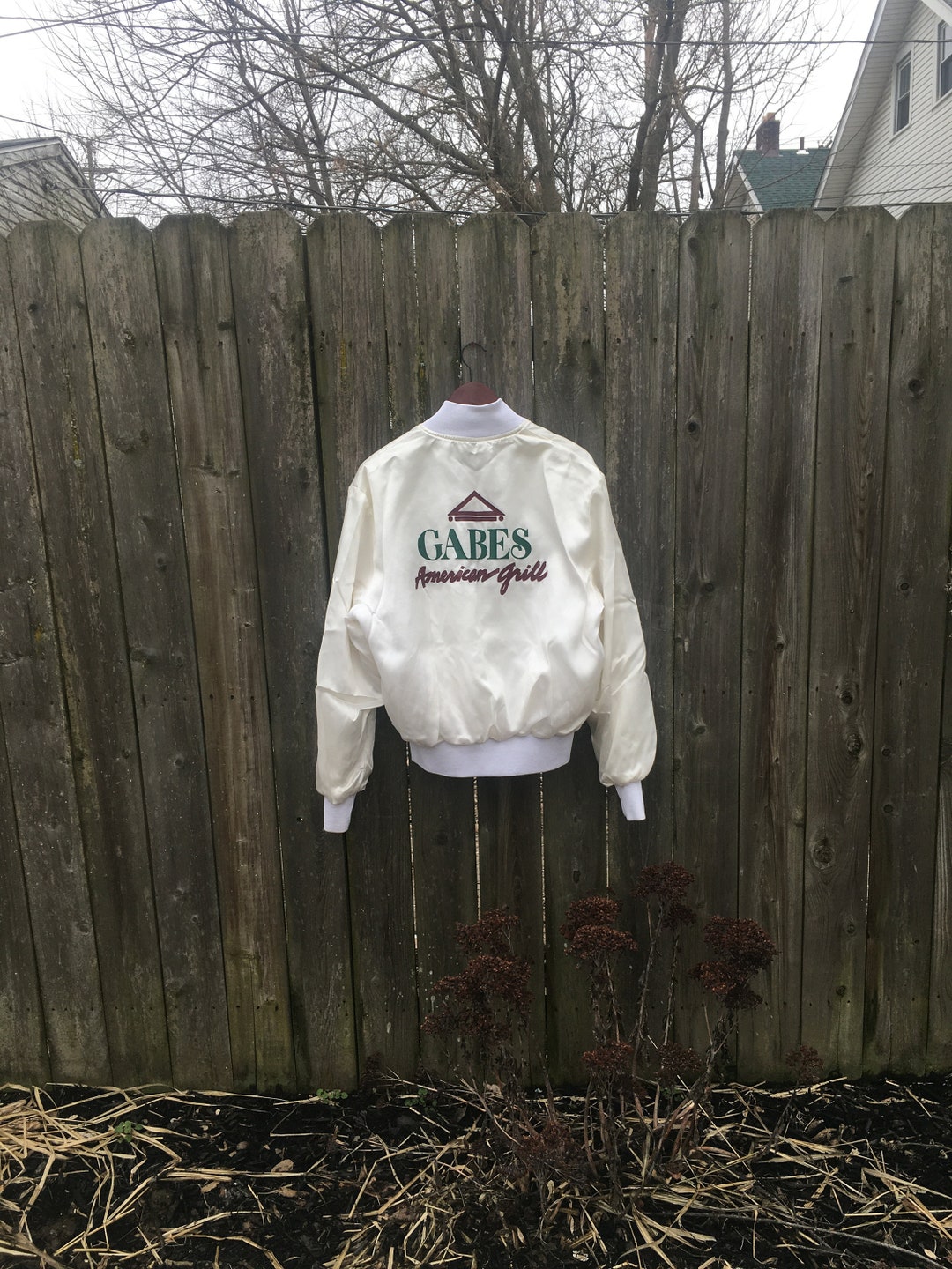 Vintage 80's Gabe's American Grill Zip up White Holloway Satin