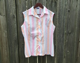 Vintage 80's Miss Fashionality Sherbet Colored Striped Sleeveless Button Up Collared Shirt Women's Size Large