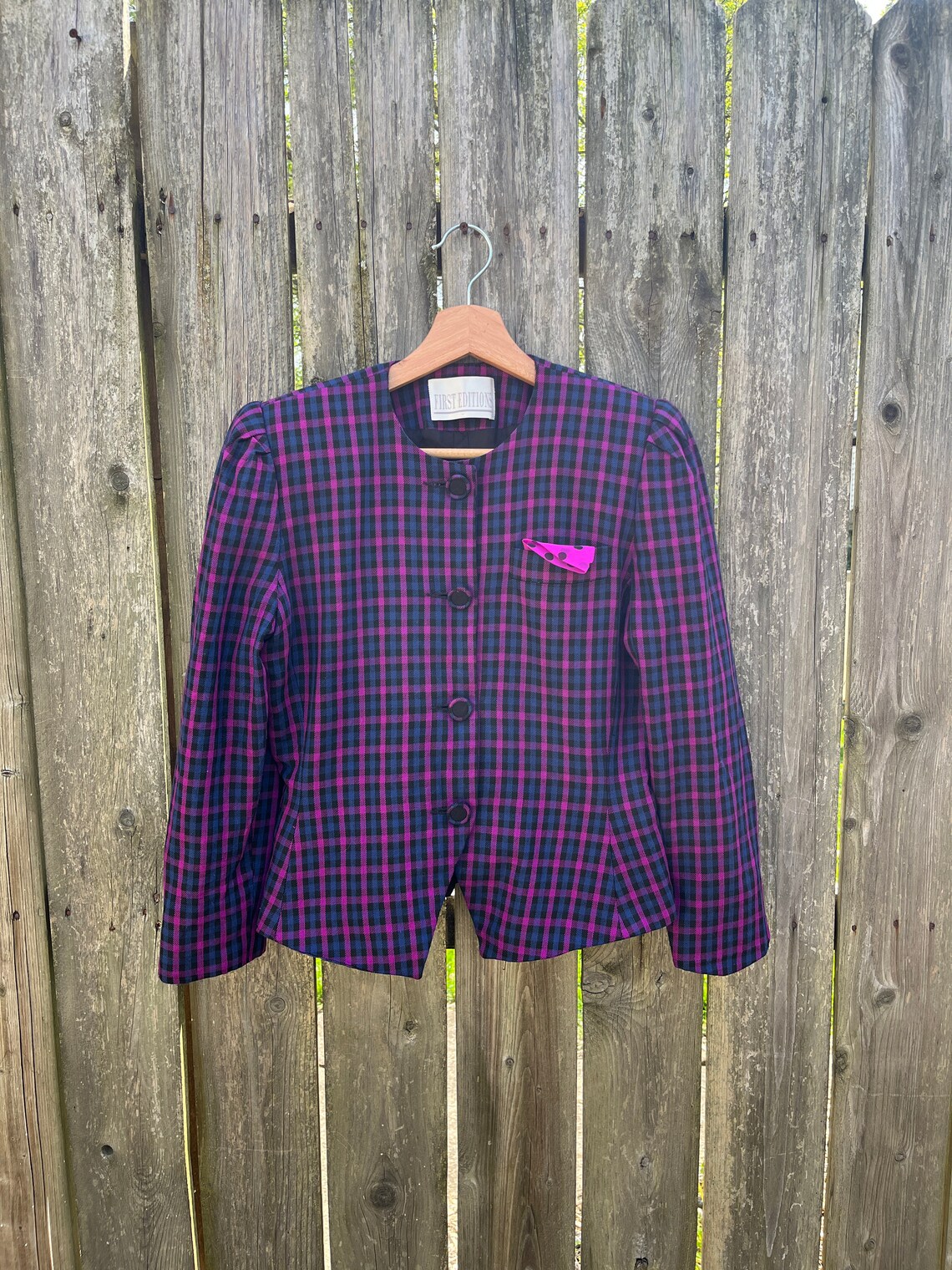 Vintage 80's Purple and Blue Plaid Pattern Button Up Long Sleeve Blazer Jacket Size 6 Petite, foto 2 de 5