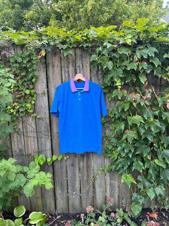 Vintage 90's Boston Traders 100% Cotton Blue and Purple Short Sleeve Polo Shirt Size Medium