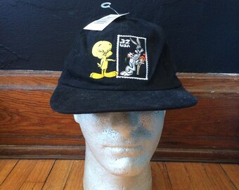Vintage Looney Tunes Tweety Bird and Bugs Bunny Postage Stamp Snap Hat (1997)