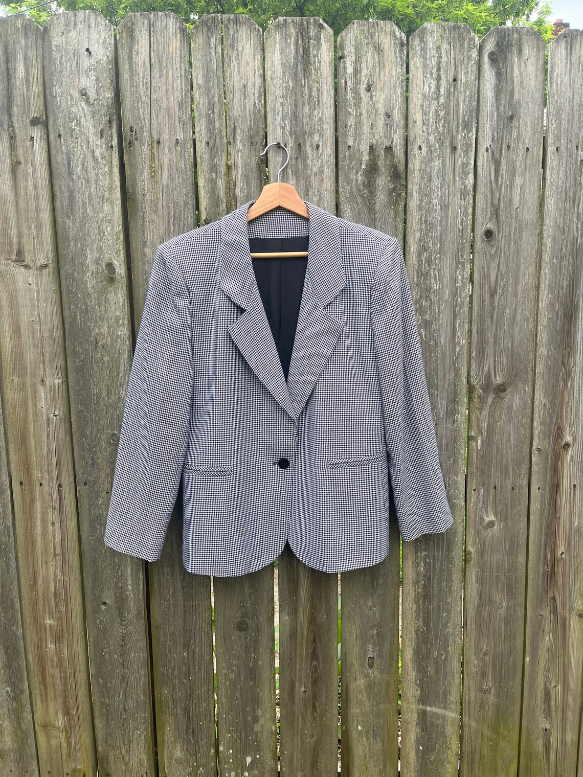 Vintage 80's California Jam Made in USA Black and Gray Houndstooth Button Up Blazer Jacket Size Medium, foto 1 di 5