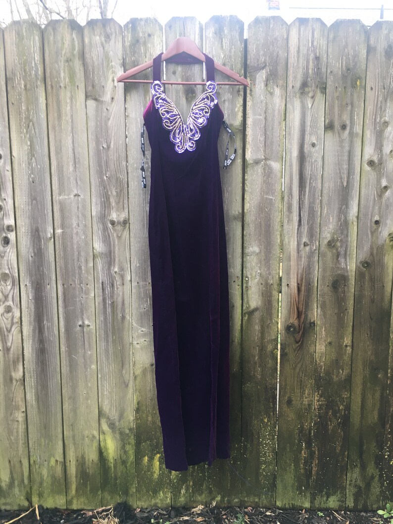 Vintage 80/'s Zum Zum Deep Purple Velvet Sequin Design Long Neck Strap Dress with High Slit