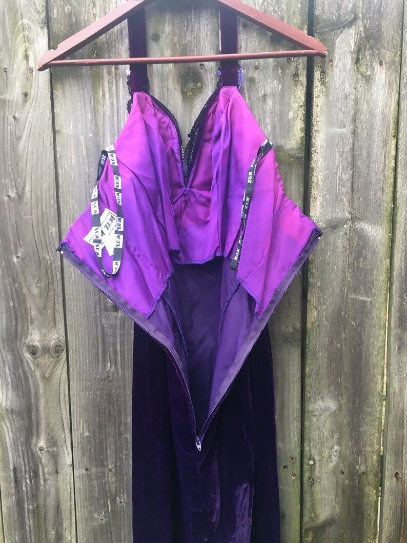 Vintage 80/'s Zum Zum Deep Purple Velvet Sequin Design Long Neck Strap Dress with High Slit