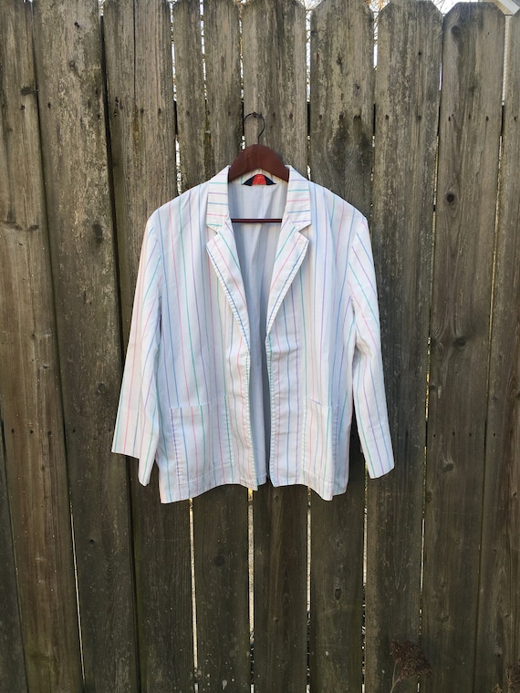 Vintage 80's Par Four Sportswear White with Colored Stripes Long Sleeve Blazer Top with No Buttons Size Large