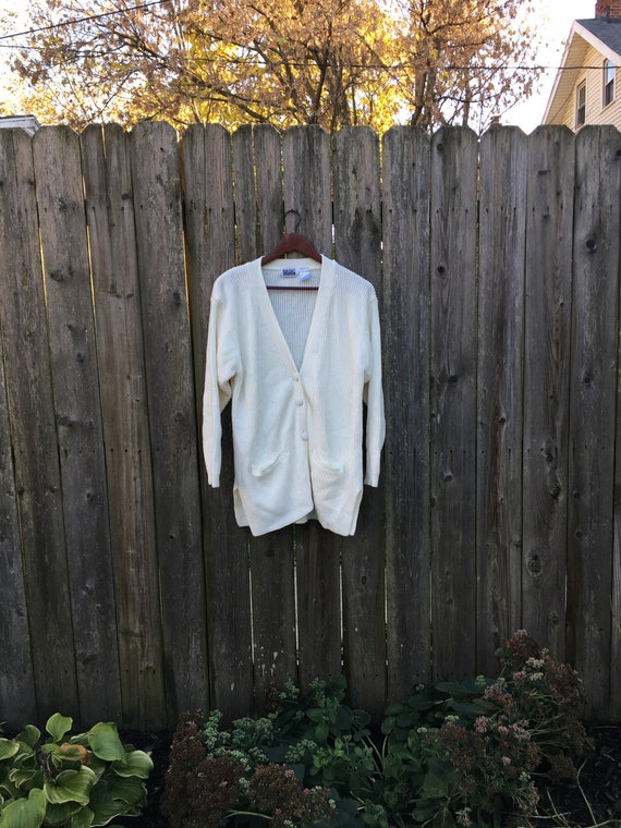 Vintage 80 s Basic Editions White Ribbed Long Sleeve Button Up Cardigan Sweater Size Small