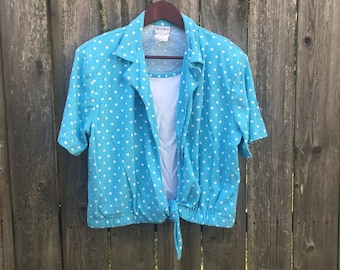 Koret Francisca vintage des années 80 bleu et blanc à pois manches courtes faux maillot de corps cravate avec épaulettes taille moyenne