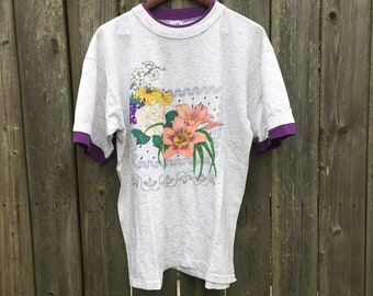 Vintage 90's LSJ Sportswear Floral Pattern Gray and Purple Short Sleeve T-Shirt Size XL