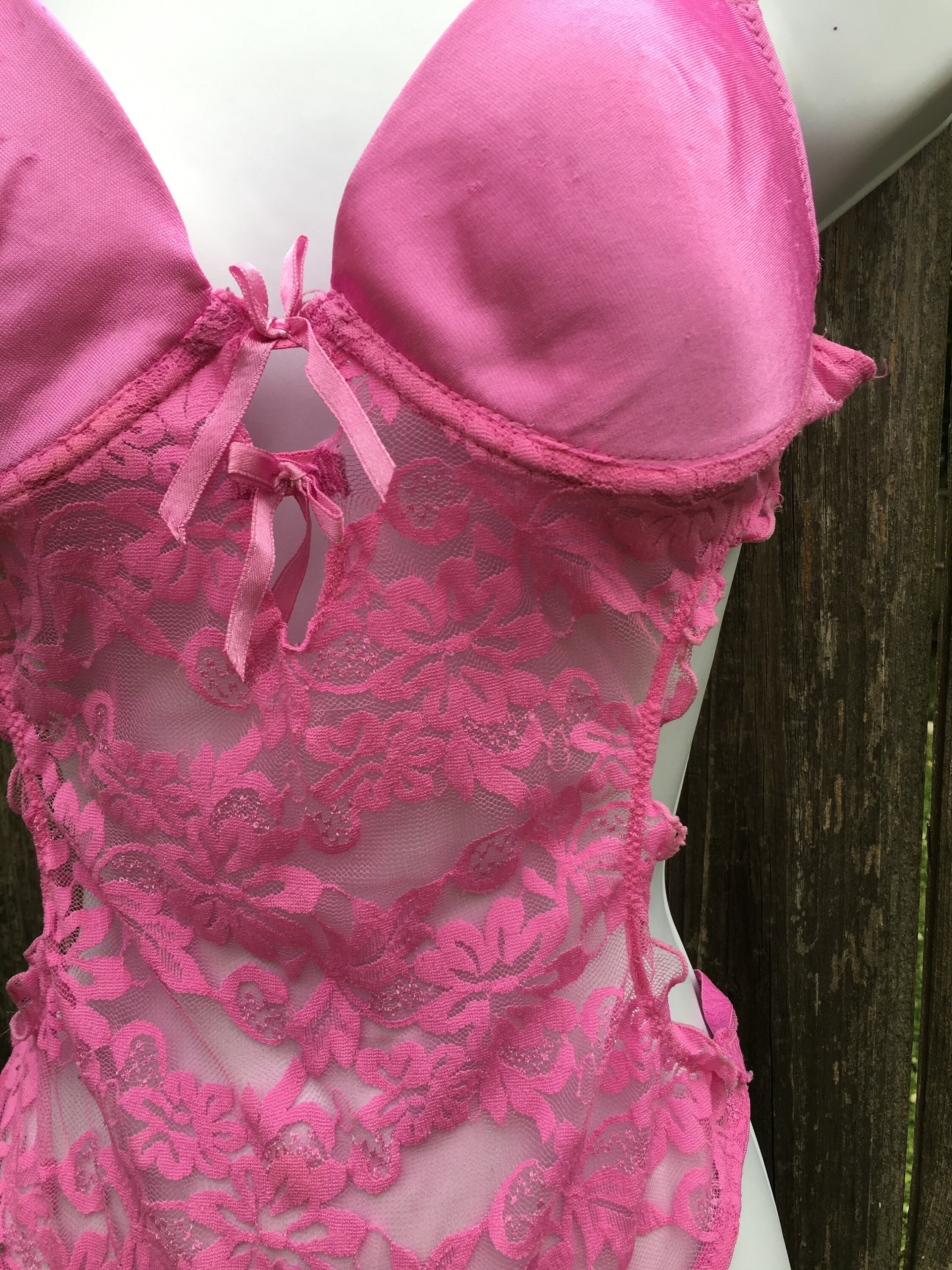 Vintage 2000's Panties Plus Inc Pink Sheer Lace One Piece Thong Bodysuit  With Open Sides Size 34b/small -  Israel