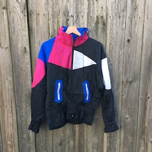 Vintage 90&#39;s Laura Katherine 100% Nylon Zwart Roze en Wit Zip Up Lange Mouw Jas Maat Small