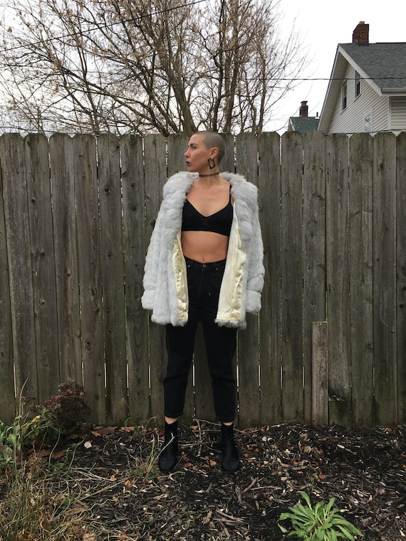 Vintage 80's Wiman Made in USA Gray Faux Fur Long Sleeve
